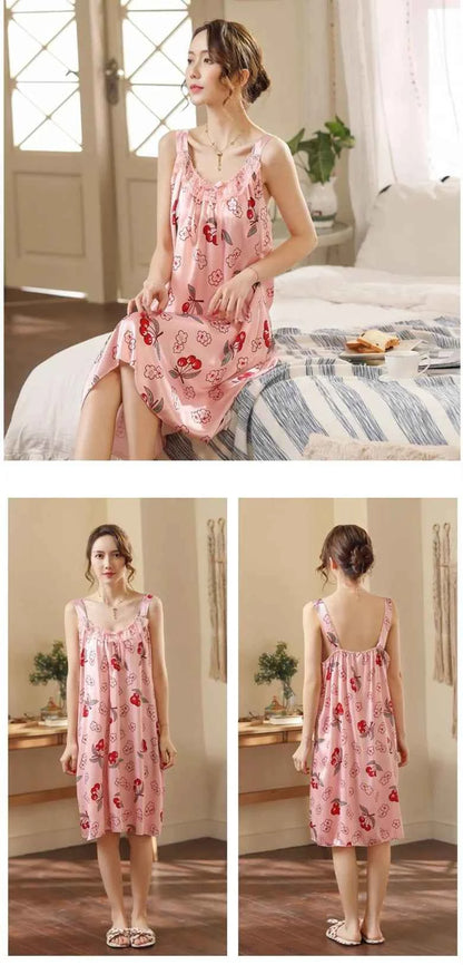 Large Size Lady Sexy Silk Nightgowns Women Casual Chemise Nightie Nightwear Lingerie Nightdress Sleepwear Dress Summer Clothes