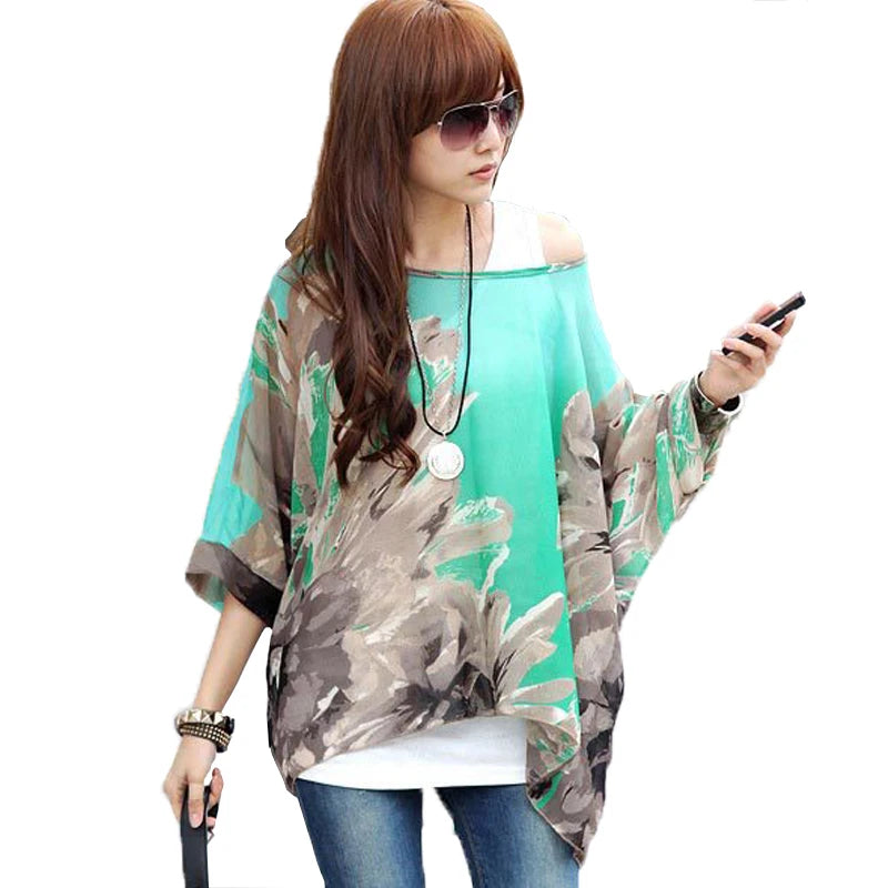 Summer Blouse Shirt 2021 New Fashion Women Casual Chiffon Blouses Tops Plus Size 4XL 5XL 6XL Batwing Sleeve Women's Shirts - AMULET RING STORE