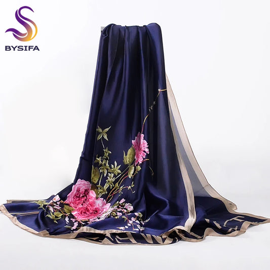 [BYSIFA] Navy Blue Chinese Roses Women Scarves Fall Winter Utrlong Top Grade Brand Trendy Silk Letters Long Scarf Shawl Wrap - AMULET RING STORE