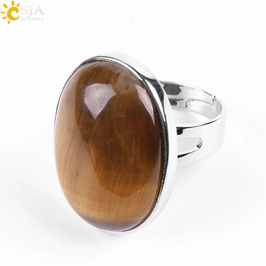 CSJA Reiki Natural Gem Stone Finger Ring for Men Women Pink Quartz Tiger Eye Lapis Lazuli Black Obsidian Party Ring Jewelry E832