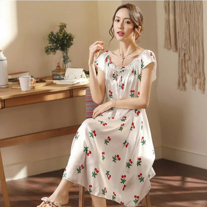 Large Size Lady Sexy Silk Nightgowns Women Casual Chemise Nightie Nightwear Lingerie Nightdress Sleepwear Dress Summer Clothes