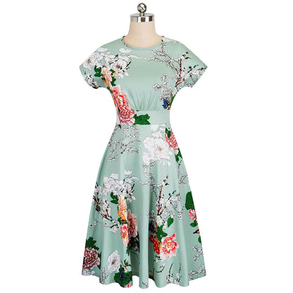 Nice-forever Vintage Elegant Floral Print Pleated Round neck vestidos A-Line Pinup Business Party Women Flare Swing Dress A102
