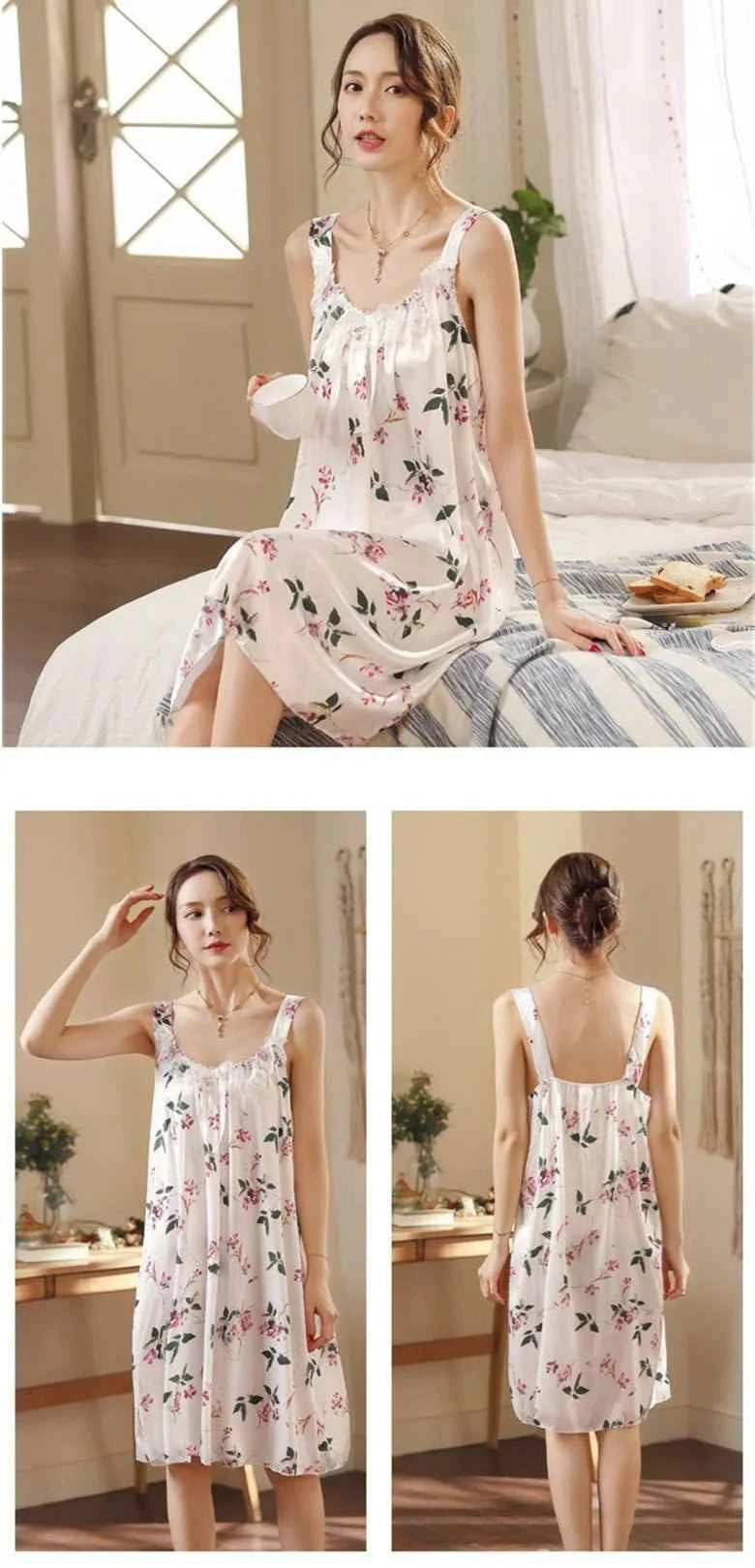 Large Size Lady Sexy Silk Nightgowns Women Casual Chemise Nightie Nightwear Lingerie Nightdress Sleepwear Dress Summer Clothes