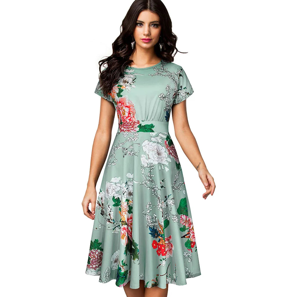 Nice-forever Vintage Elegant Floral Print Pleated Round neck vestidos A-Line Pinup Business Party Women Flare Swing Dress A102