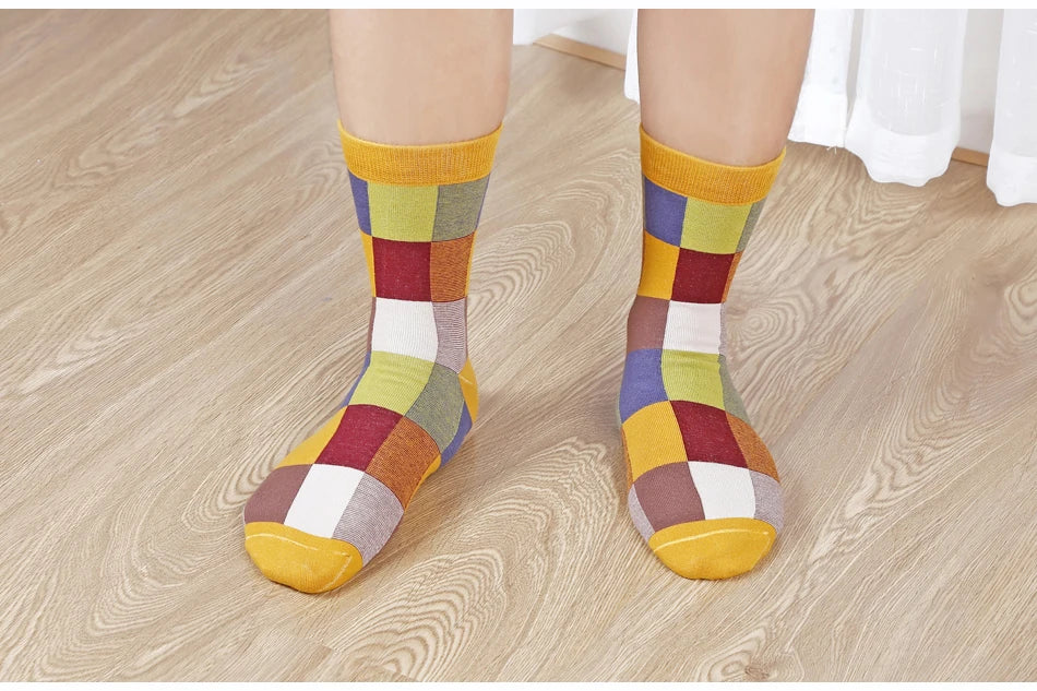 5 Pairs Combed Cotton Men's Socks Compression Socks Fashion Colorful Square Stripe Happy Dress Socks Men Size 39-45 - AMULET RING STORE