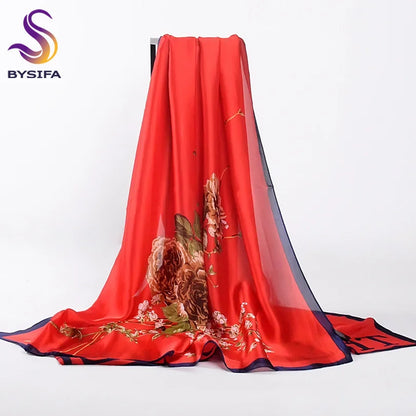 [BYSIFA] Navy Blue Chinese Roses Women Scarves Fall Winter Utrlong Top Grade Brand Trendy Silk Letters Long Scarf Shawl Wrap - AMULET RING STORE