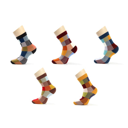 5 Pairs Combed Cotton Men's Socks Compression Socks Fashion Colorful Square Stripe Happy Dress Socks Men Size 39-45 - AMULET RING STORE