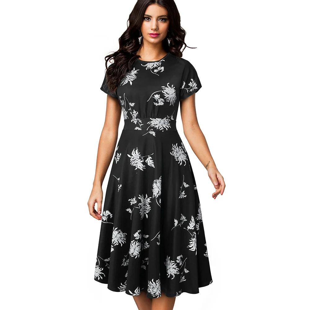 Nice-forever Vintage Elegant Floral Print Pleated Round neck vestidos A-Line Pinup Business Party Women Flare Swing Dress A102