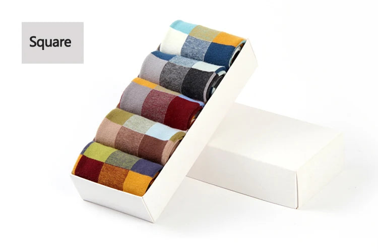 5 Pairs Combed Cotton Men's Socks Compression Socks Fashion Colorful Square Stripe Happy Dress Socks Men Size 39-45 - AMULET RING STORE