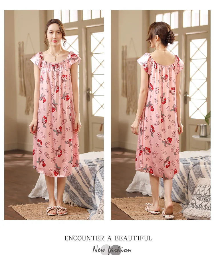 Large Size Lady Sexy Silk Nightgowns Women Casual Chemise Nightie Nightwear Lingerie Nightdress Sleepwear Dress Summer Clothes