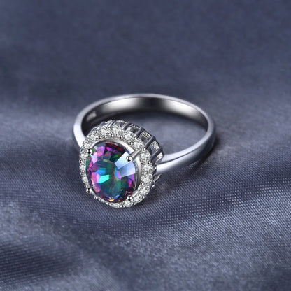 JewelryPalace 3.4ct Natural Mystic Rainbow Quartz 925 Sterling Silver Halo Wedding Engagement Ring for Women Gift New Arrival