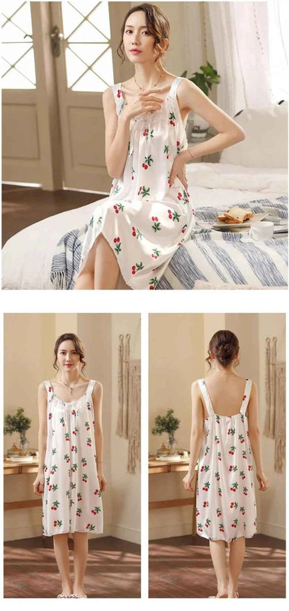 Large Size Lady Sexy Silk Nightgowns Women Casual Chemise Nightie Nightwear Lingerie Nightdress Sleepwear Dress Summer Clothes