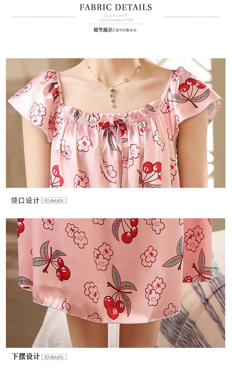 Large Size Lady Sexy Silk Nightgowns Women Casual Chemise Nightie Nightwear Lingerie Nightdress Sleepwear Dress Summer Clothes