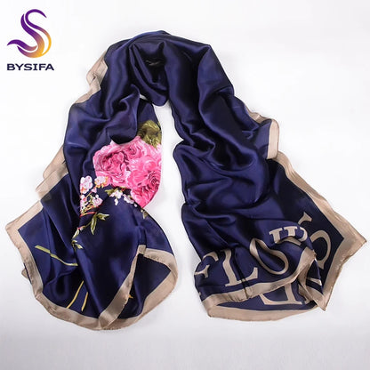 [BYSIFA] Navy Blue Chinese Roses Women Scarves Fall Winter Utrlong Top Grade Brand Trendy Silk Letters Long Scarf Shawl Wrap - AMULET RING STORE
