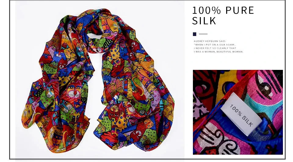 Brand Beige Cartoon Cat 100% Silk Scarf Shawl Bufanda Women Spring Fall Fashion Large Size Winter Long Scarves Bufanda 180*110cm