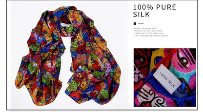 Brand Beige Cartoon Cat 100% Silk Scarf Shawl Bufanda Women Spring Fall Fashion Large Size Winter Long Scarves Bufanda 180*110cm