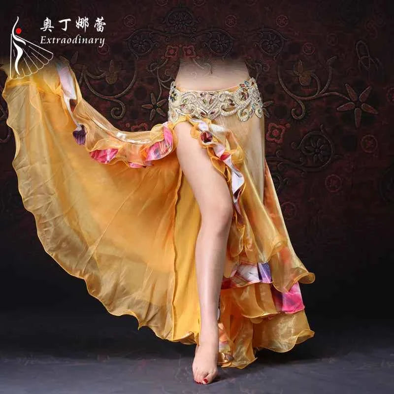 2018 New Arrival Belly Dancing Clothing Long Full Circle Skirts Golden Color Yarn Belly Dance Skirt For Women Without Belt