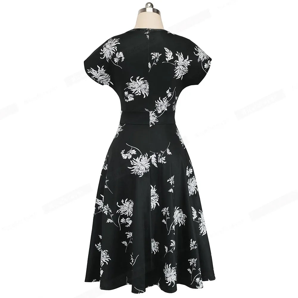 Nice-forever Vintage Elegant Floral Print Pleated Round neck vestidos A-Line Pinup Business Party Women Flare Swing Dress A102