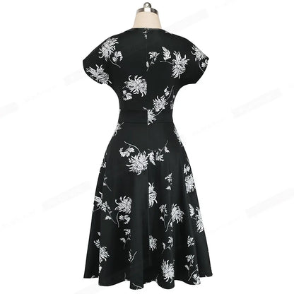 Nice-forever Vintage Elegant Floral Print Pleated Round neck vestidos A-Line Pinup Business Party Women Flare Swing Dress A102