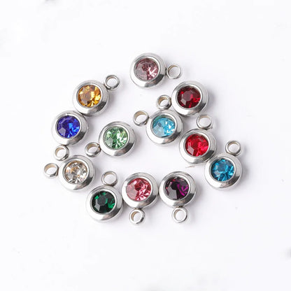 Fnixtar 60Pcs/Lot Stainless Steel Birthstone Charms 6.5mm Rhinestones Month Birthstone Charms For DIY Jewelry Making Necklace