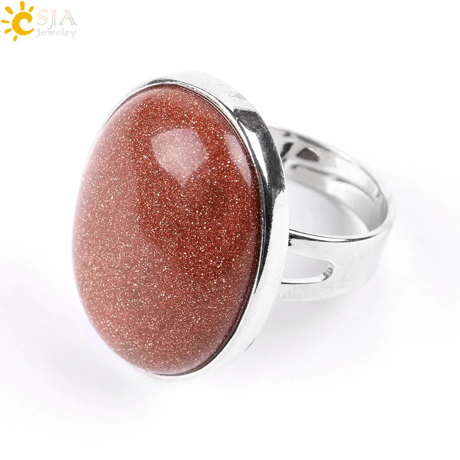 CSJA Reiki Natural Gem Stone Finger Ring for Men Women Pink Quartz Tiger Eye Lapis Lazuli Black Obsidian Party Ring Jewelry E832