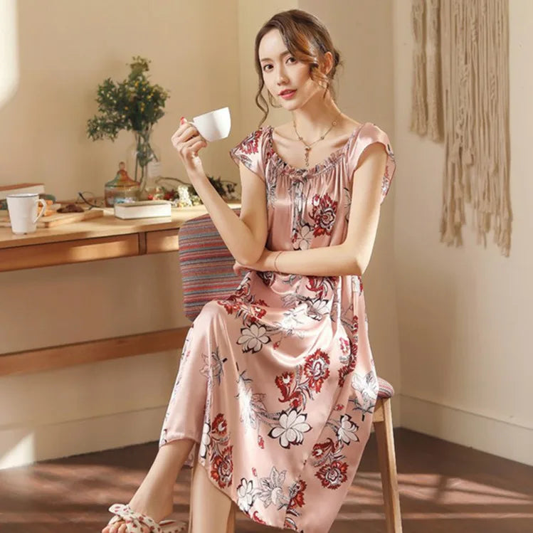 Large Size Lady Sexy Silk Nightgowns Women Casual Chemise Nightie Nightwear Lingerie Nightdress Sleepwear Dress Summer Clothes