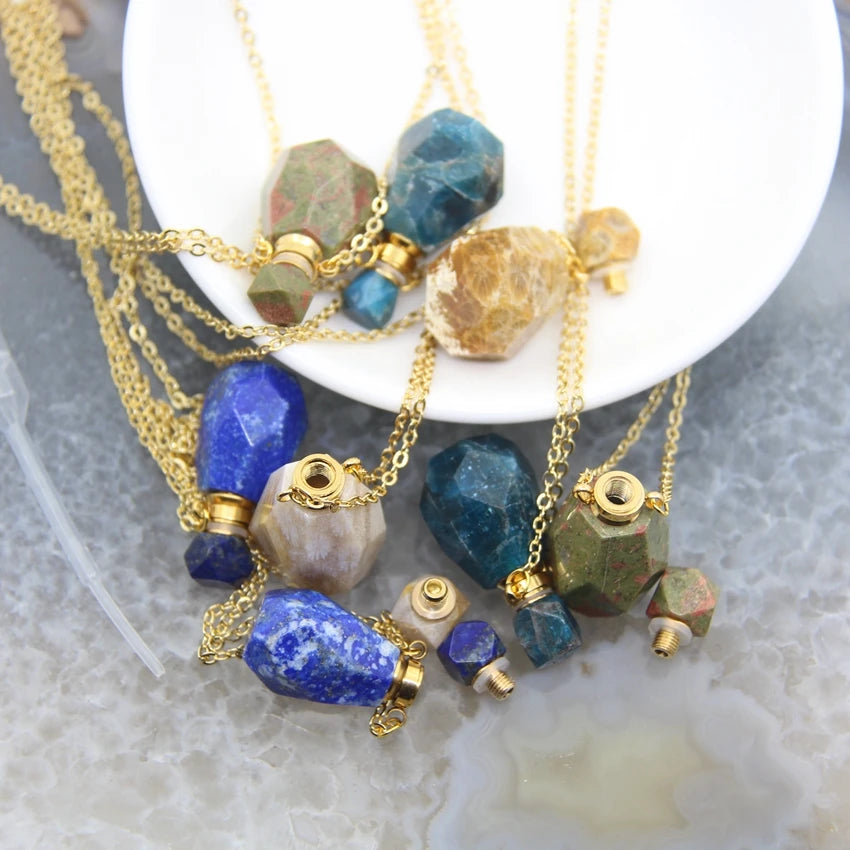 Natural Quartz Faceted Perfume Bottle Pendants Memorial Jewelry,Healing Gems Essential Oil Diffuser Vial Necklace,Women Gift - AMULET RING STORE