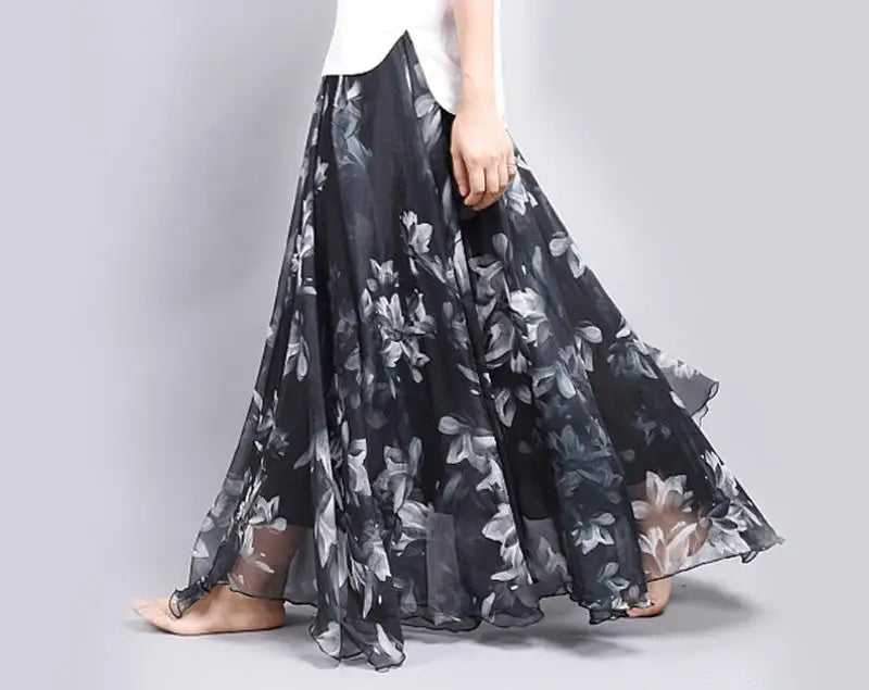 New Fashion 2025 Women's BOHO Elegant Florals Print Chiffon Long Skirt Ladies Slim High-Waist Elastic Waist Pleated Skirts SK15