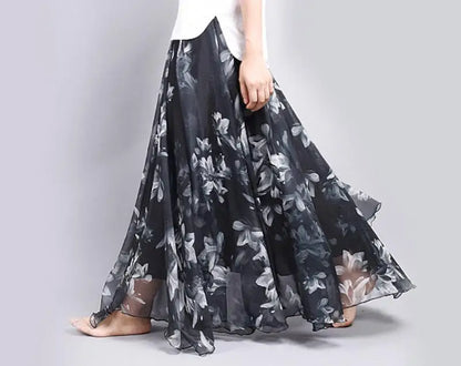 New Fashion 2025 Women's BOHO Elegant Florals Print Chiffon Long Skirt Ladies Slim High-Waist Elastic Waist Pleated Skirts SK15