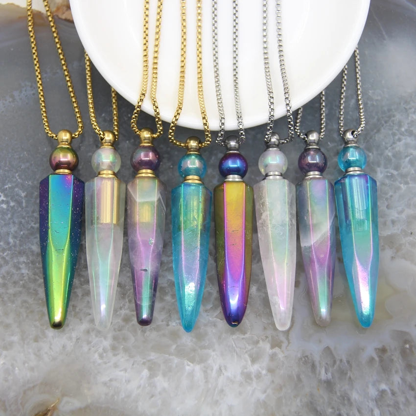 New! Rainbow Aura Titanium Raw Crystal Point Perfume Bottle Necklace Pendants,AB Quartz Essential Oil Diffuser Vial Charms Chain - AMULET RING STORE