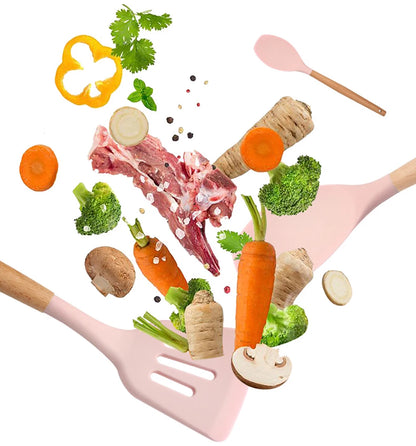 Silicone Kitchenware Cooking Utensils Set Non-stick Cookware Spatula Shovel Egg Beaters Wooden Handle Kitchen Cooking Tool Set