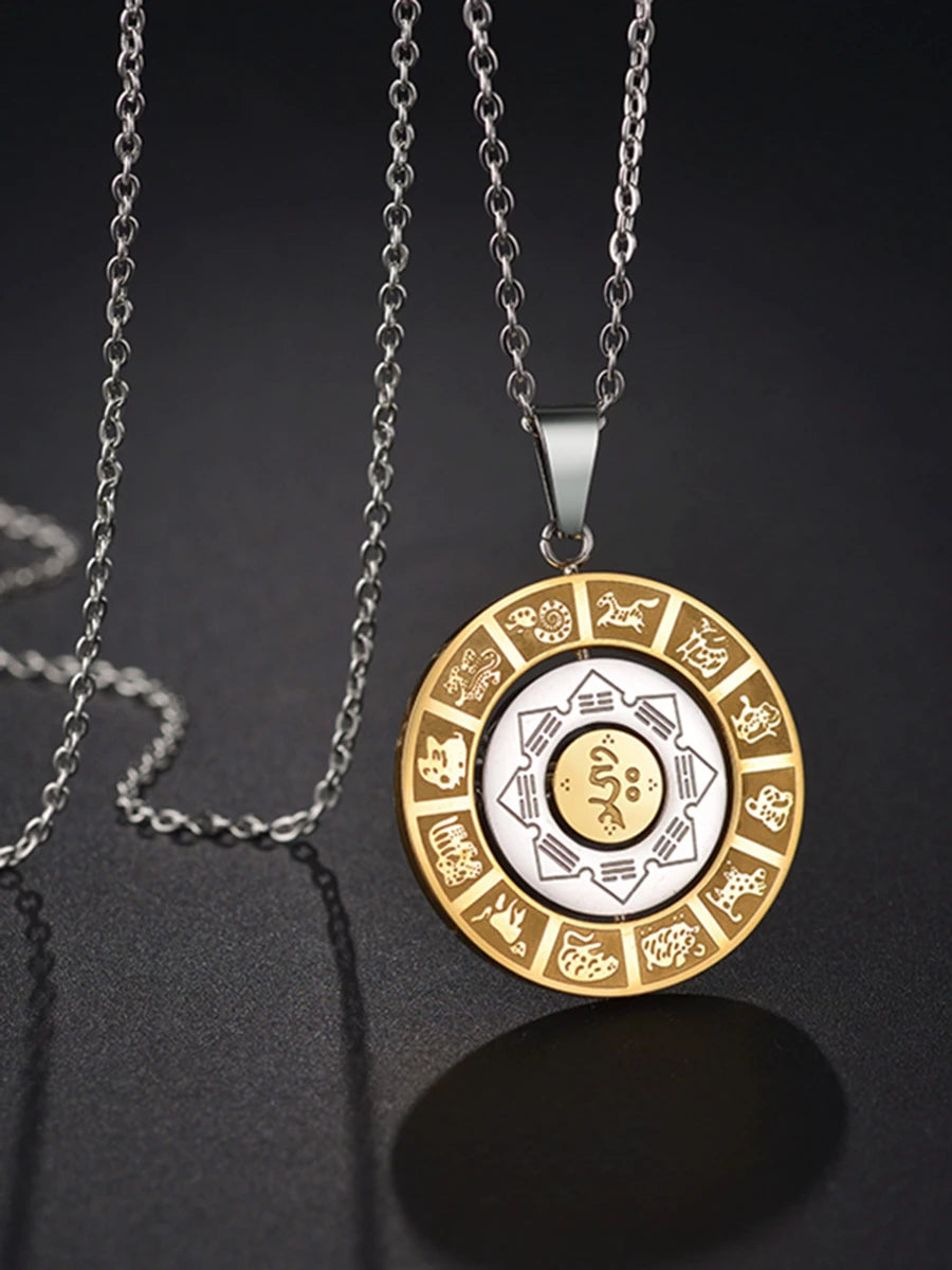 Stainless Steel Rotatable Chinese Zodiac Palaces Bagua Pendant Necklace