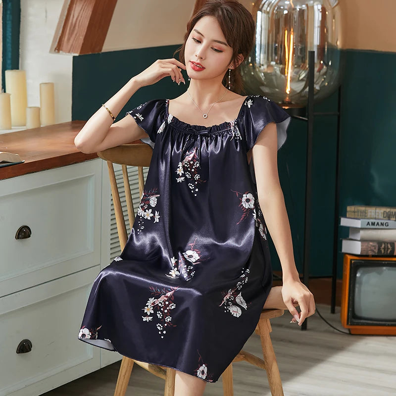 Large Size Lady Sexy Silk Nightgowns Women Casual Chemise Nightie Nightwear Lingerie Nightdress Sleepwear Dress Summer Clothes