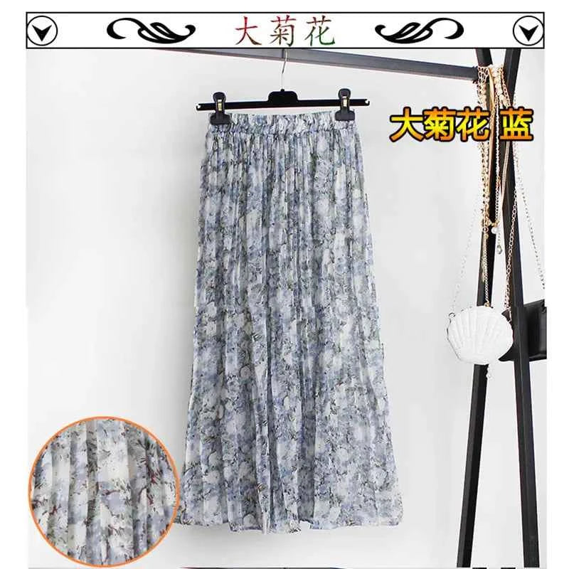 Women Summer Boho Chiffon Long Skirt Elegant Floral Print Pleated Skirts Elastic High Waist Casual Midi Skirt Women Clothes 2021