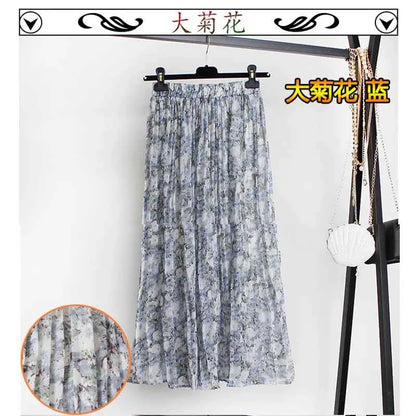 Women Summer Boho Chiffon Long Skirt Elegant Floral Print Pleated Skirts Elastic High Waist Casual Midi Skirt Women Clothes 2021