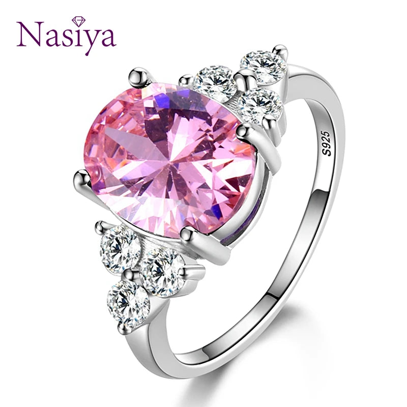 Women's Jewelry S925 Silver Rings White Pink Light Blue Champagne Zircon Oval Wedding Ring