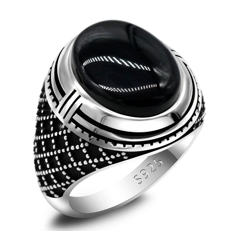 925 Sterling Silver Men Ring Bezel Setting Natural Black Agate Stone Retro Punk Thai Silver Ring for Man Women Silver Jewelry