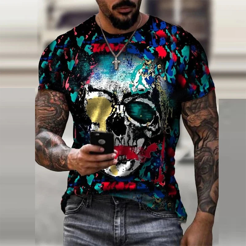 Personality 3D Printing Men's T-Shirt Skull Pattern for Men Demon Streetwear Handsome O-Neck Short Sleeves Casual Tshirt Top Tee - AMULET RING STORE