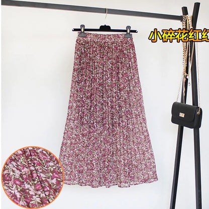 Women Summer Boho Chiffon Long Skirt Elegant Floral Print Pleated Skirts Elastic High Waist Casual Midi Skirt Women Clothes 2021