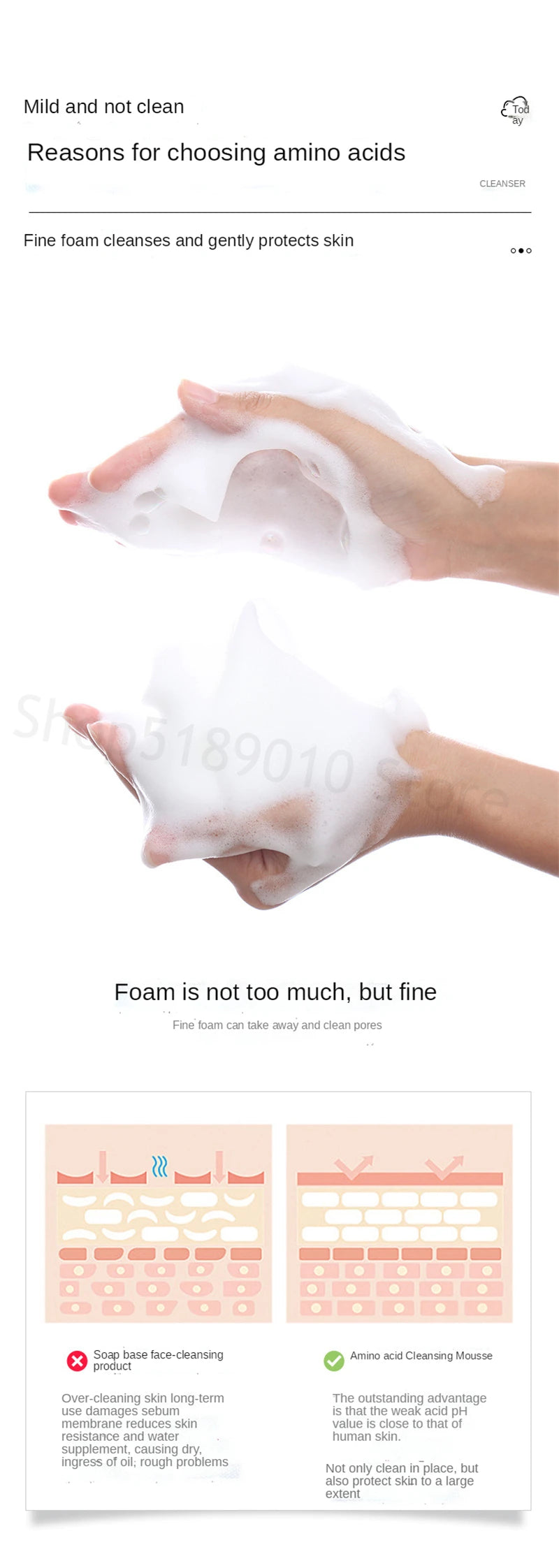 Amino Acid Facial Cleanser Face Wash Cleansing Mousse Moisturizing Oil Control Shrink Pores Makeup Remover Creamy Foam Skin Care - AMULET RING STORE
