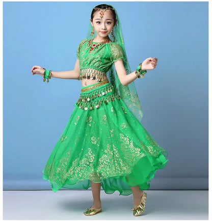 Children Indian Belly Dance Costume Girl Dress Bollywood Belly Dance 4Pcs/Set Performance Kids With Coins Accessories