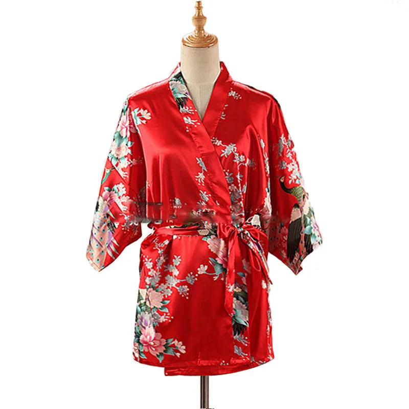 Lace Up Woman Peacock Print Japanese Kimono Yukata Silk Satin Short Style Sleepwear Home Nightgown Bath Robe Costume - AMULET RING STORE
