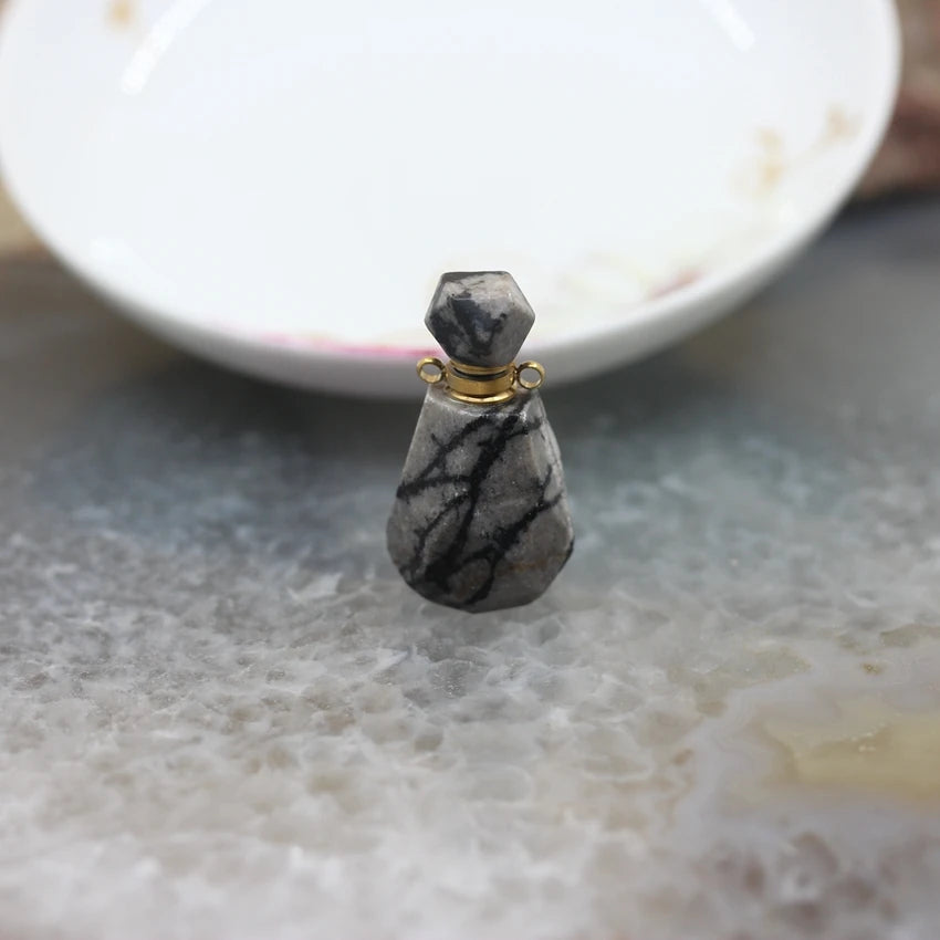 Natural Obsidian Faceted Perfume Bottle Pendants Necklaces,Pink Tourmaline Quartz Essential Oil Diffuser Vial Charms Jewelry - AMULET RING STORE