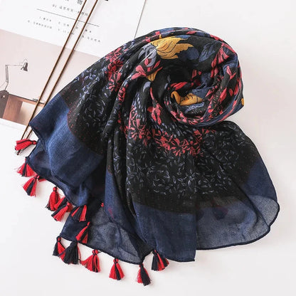 2023 Women Fashion Small Polka Floral Tassel Viscose Shawl Scarf Print Voile Wrap Headband Bufandas Muslim Hijab Sjaal 130*130Cm - AMULET RING STORE