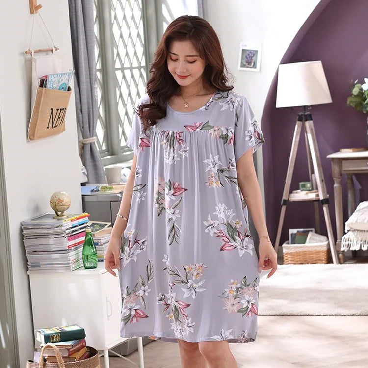 Women summer cotton nightgowns short-sleeved Korean loose big yards 4XL fit 100 kg nightshirt female floral print night dress