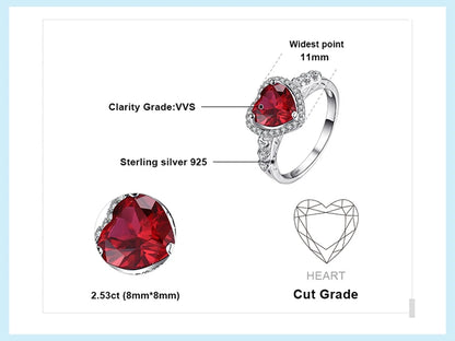 JewelryPalace Heart Love 2.5ct Created Red Ruby 925 Sterling Silver Ring for Women Gemstone Jewelry