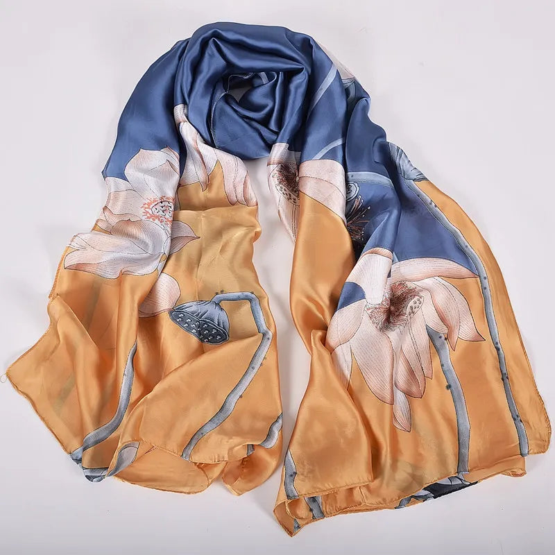 [BYSIFA] Navy Blue Chinese Roses Women Scarves Fall Winter Utrlong Top Grade Brand Trendy Silk Letters Long Scarf Shawl Wrap - AMULET RING STORE