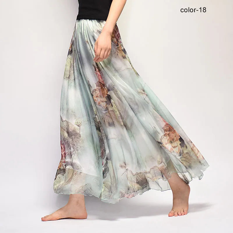 New Fashion 2025 Women's BOHO Elegant Florals Print Chiffon Long Skirt Ladies Slim High-Waist Elastic Waist Pleated Skirts SK15