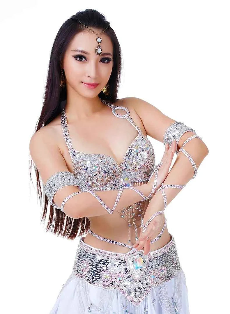 Women Sexy Belly Dance Beaded Top Bra & Belt 2pieces Belly Dance Costume Outfit Set Female Bollytwood Dance Costume 11 Colors