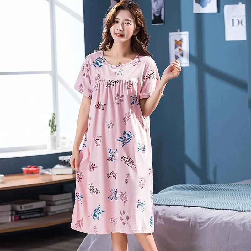 2025 Summer Small Floral Night Dress Women Nightgown Big Yards 3XL Sleepshirts Short-sleeves Nightie Nightdress Cotton Sleepwear